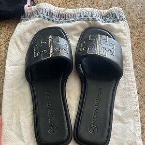 Tory Burch Black Slide Sandals with Silver Logo